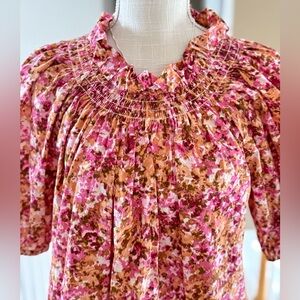 J. Crew Smocked Neck Blouse With Puff-Sleeves In Faded Floral Print, Size M